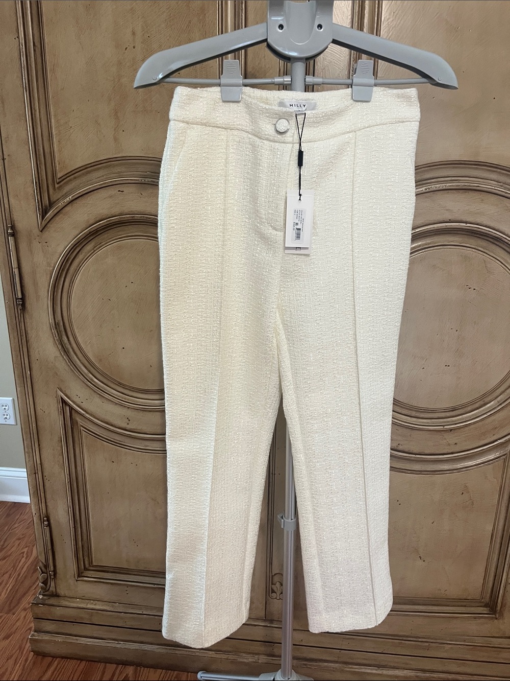 Milly Ivory Textured Cropped Straight-Leg Pants